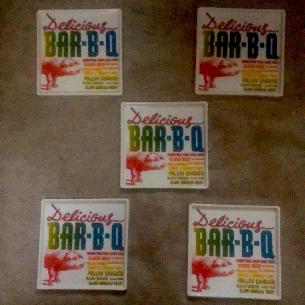 Crate & Barrel Bar-B-Q Menu Appetizer Square Plates- set of 5!
